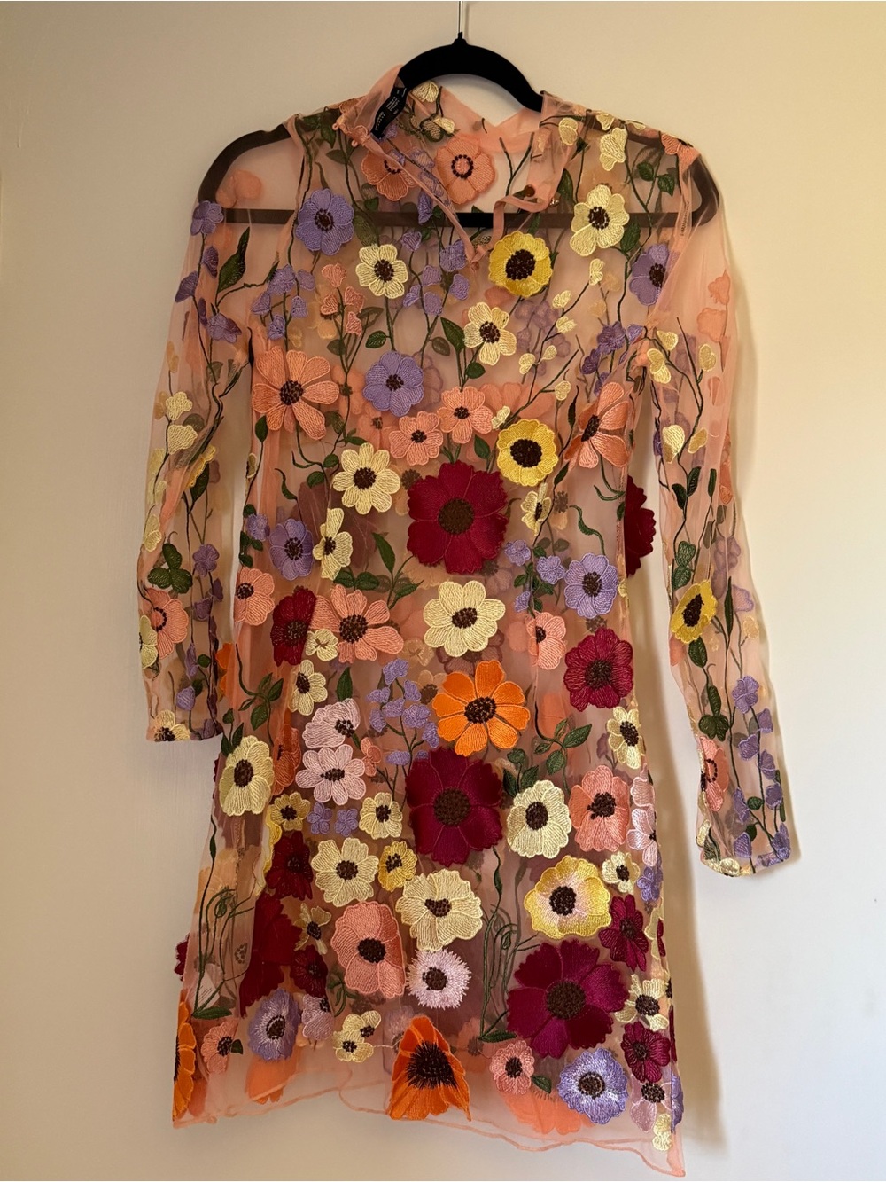 Finesse Sheer Long-Sleeve Dress with Multicolor Floral Appliqué - Picture 7 of 8